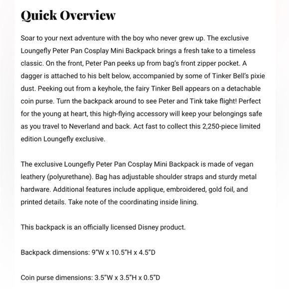 Peter Pan & Tinkerbell Cosplay Backpack & Coin Purse NEW LE Loungefly Disney - Picture 8 of 12